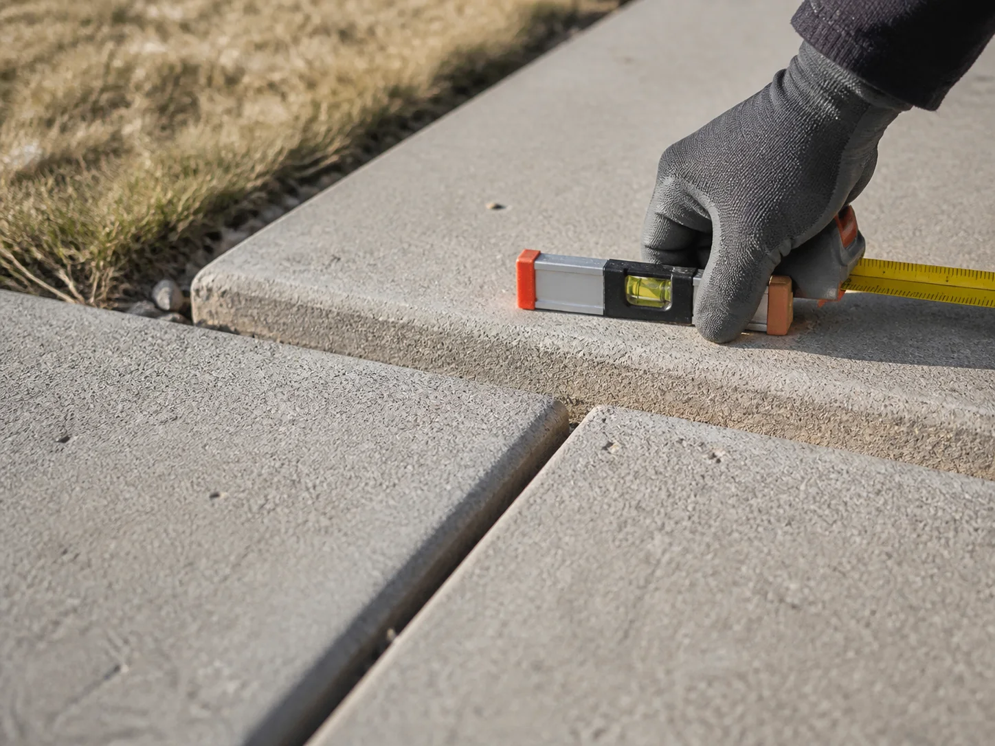 Uneven sidewalk joint being measured with a spirit level